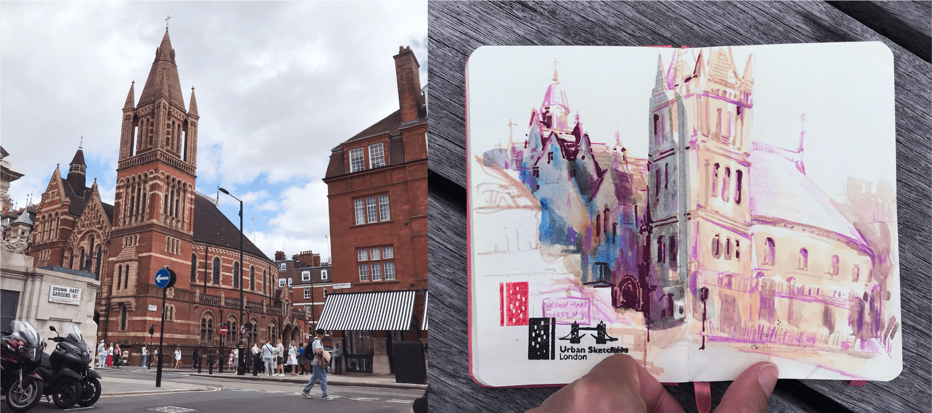 旅行速寫/倫敦Mayfair/戶外速寫/London Urbansketchers 活動/綜合媒材、不透明水彩、色鉛筆